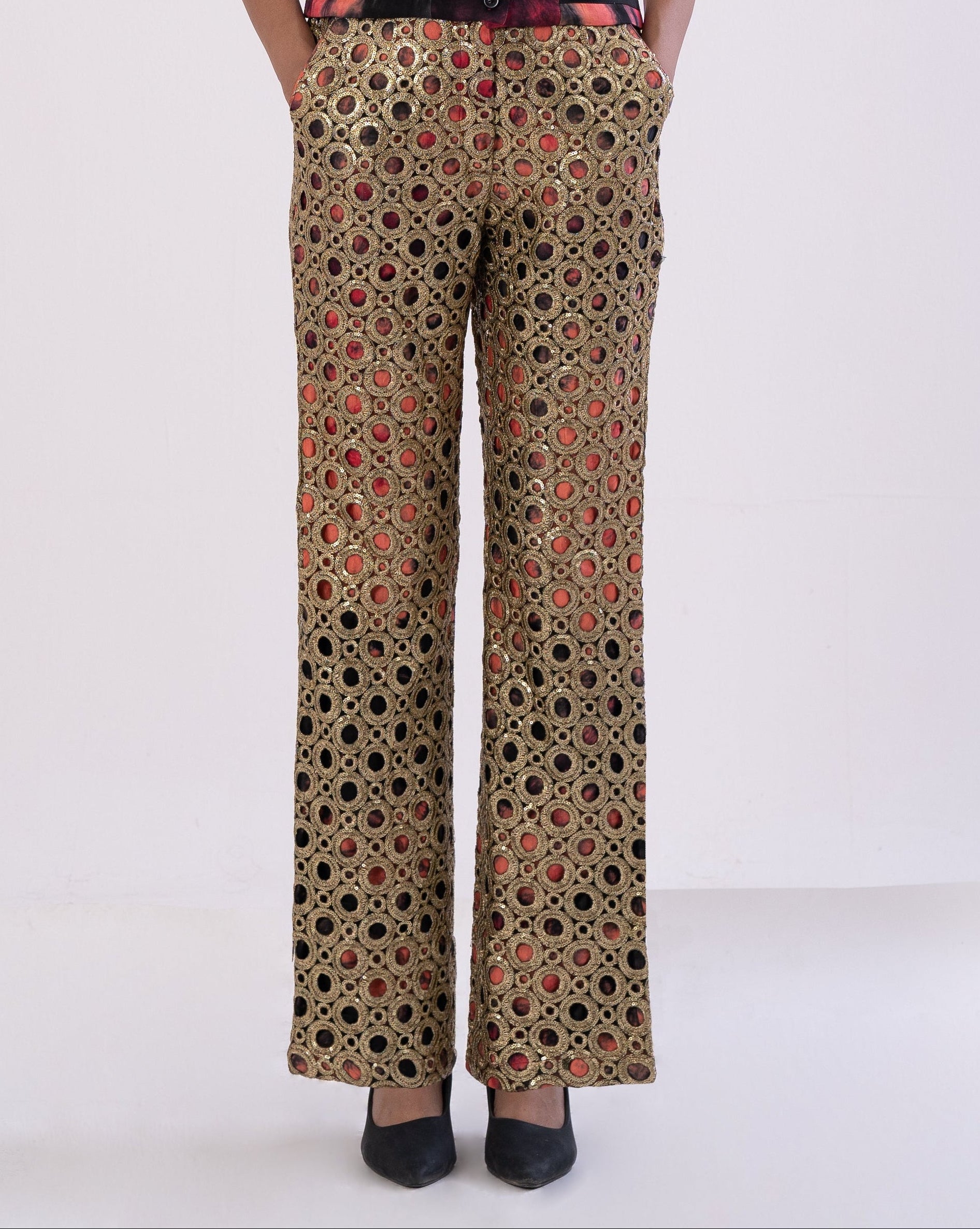 Golden-open-Work Tailored Pants