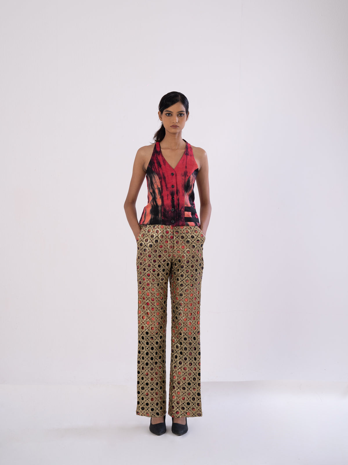 Golden-open-Work Tailored Pants