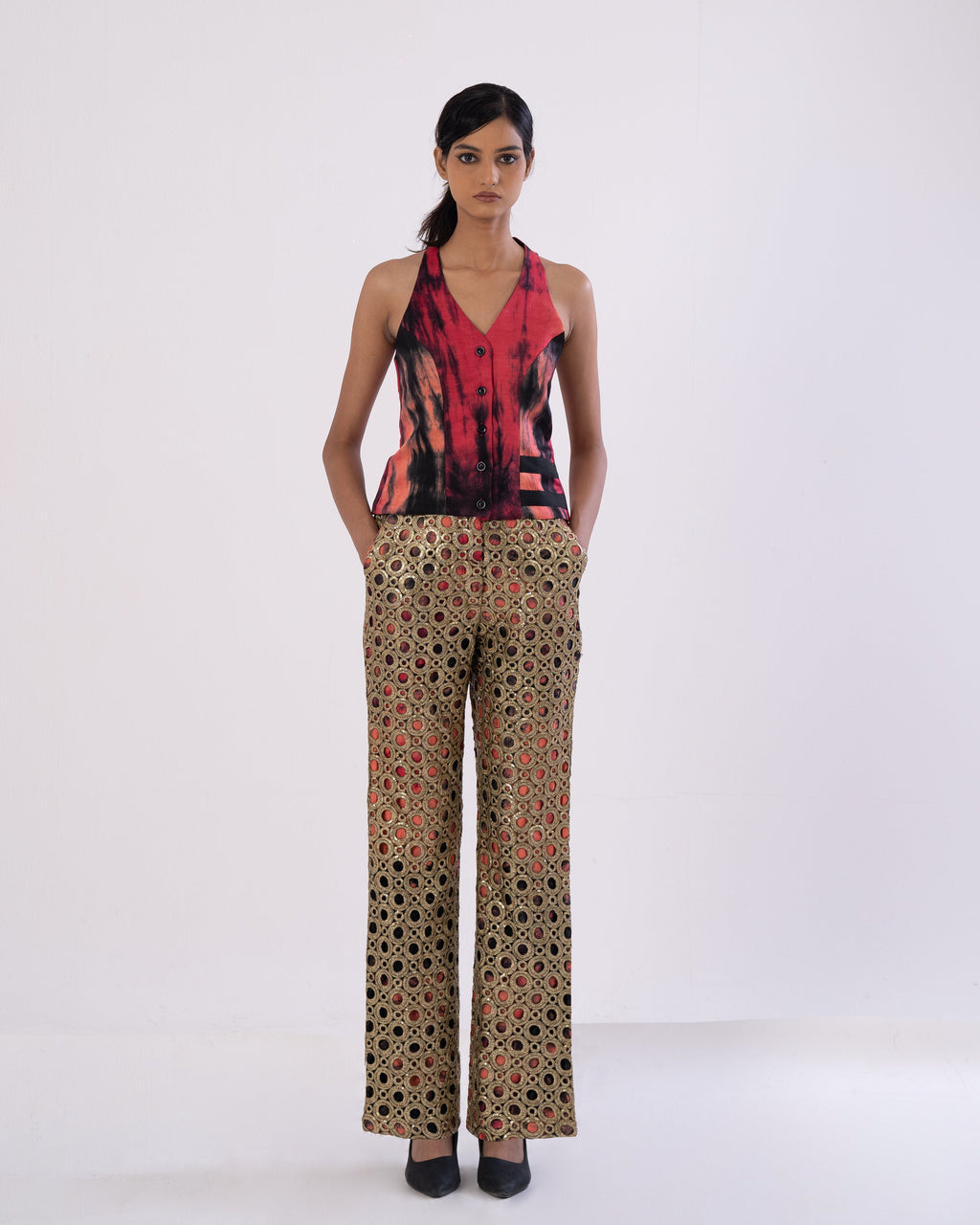 Golden-open-Work Tailored Pants